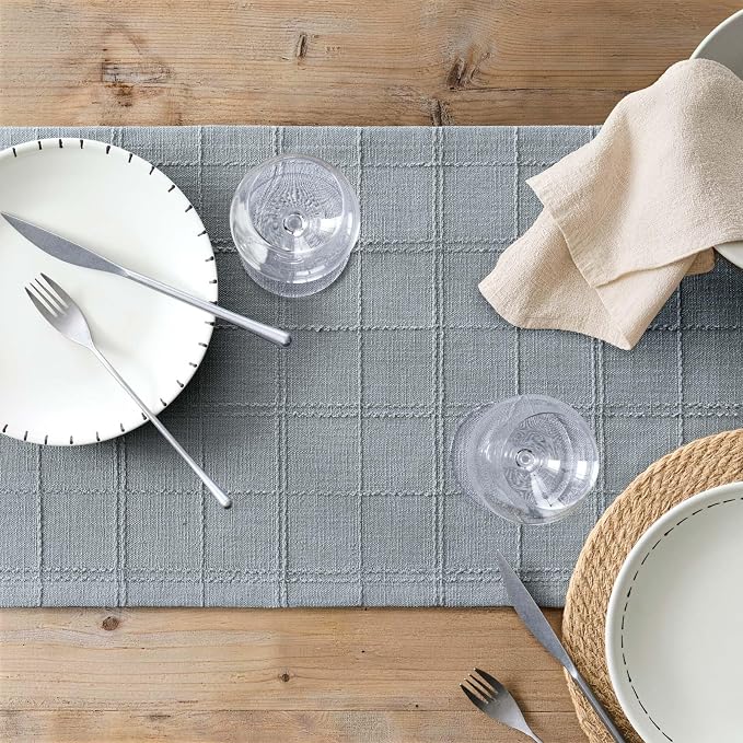 ZeeMart Linen Checked Farmhouse Table Runner, 13x60 Inches Chambray | Raised Grid Design, Rich Woven Texture, Linen Blend Table Runners 60 Inches Long, Machine Washable, Boho Home Kitchen Decor