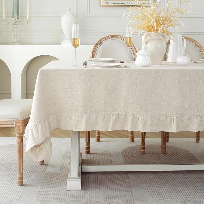 Linen World Ruffle Linen Tablecloth,100% French Linen Natural Tablecloth 132" x 90" Inch,Washable Rectangular Tablecloth for Dining,Outdoor,Weddings and Restaurants,Decorative Thanksgiving Christmas