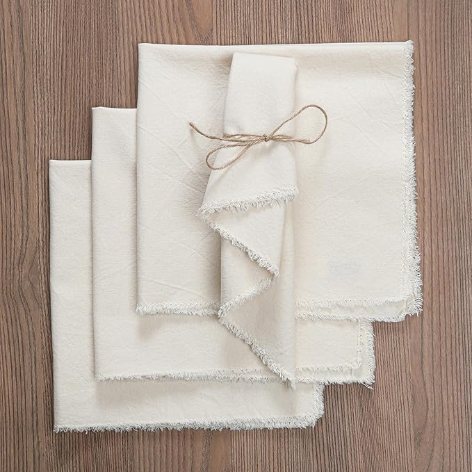 Palisa Premium Cotton Dinner Napkins Set of 12 | Light Flax Frayed Edge Rustic Farmhouse Table Linen | Soft Washable Long Lasting Durable Cloth Serviettes for Wedding Dining Decor 18x18 Inch