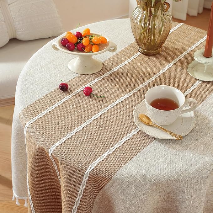 Laolitou Rustic Tablecloth Cotton Linen Waterproof Tablecloths Burlap Table Cloths for Kitchen Dining,Party,Holiday,Christmas,Buffet Coffee Lines, Round, 55", 2-4 Seats