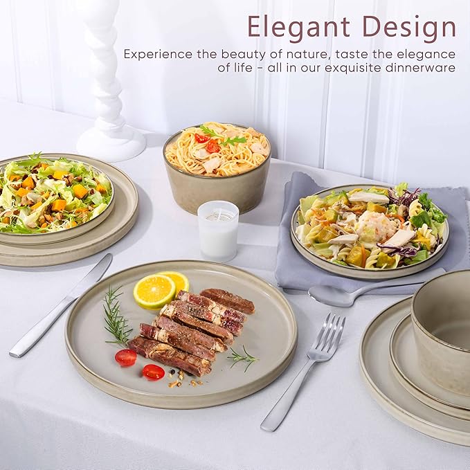 Herogo Stoneware Plates and Bowls Sets for 4, 12 Pieces Modern Dinnerware, Reactive Glaze Dishes Set for Kitchen, Chip Resistant, Microwave & Dishwasher Safe, Cream Khaki