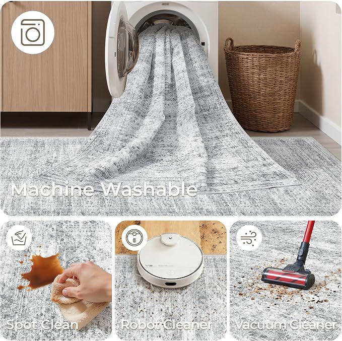 Washable Runner Rug 2.5x14, Non-Slip Long Hallway Runner for Entryway, Soft Vintage Kitchen Mats for Floor, Abstract Dining Room, Bedroom, Living Room Rugs(2.5'x14', Grey/Ivory)