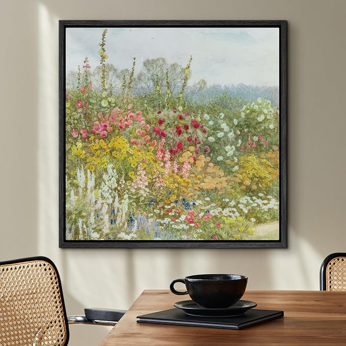 SIGNFORD Framed Canvas Print Wall Art Vintage Floral Garden Blooming Wildflowers in Vibrant Colors Nature Wilderness Illustrations Rustic Zen Colorful for Living Room, Bedroom, Office - 24"x24" Black