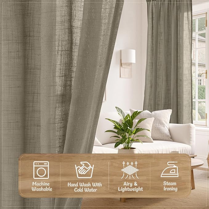 LAMIT Taupe Linen Sheer Curtains 84 inch Length 2 Panels, Light Filtering Semi Sheer Panels Back Tab and Rod Pocket Windpw Drapes for Bedroom/Living Room/Sliding Glass Door, 52 x 84 Inch
