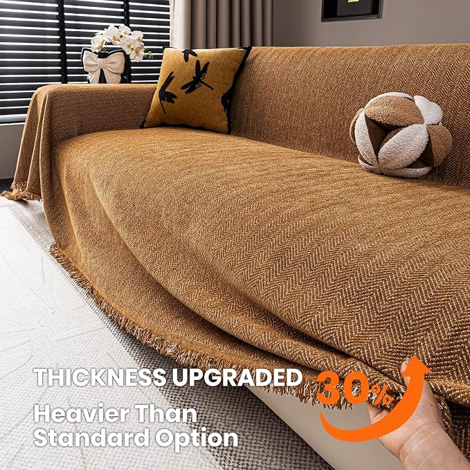 Chenille Couch Cover for Sofa Non Slip Cover Washable Pet Couch Covers Tassel Armchair Sofa Slipcovers Dog Scratch Furniture Protector Blanket for Living Room,Clay Brown 71"x71"