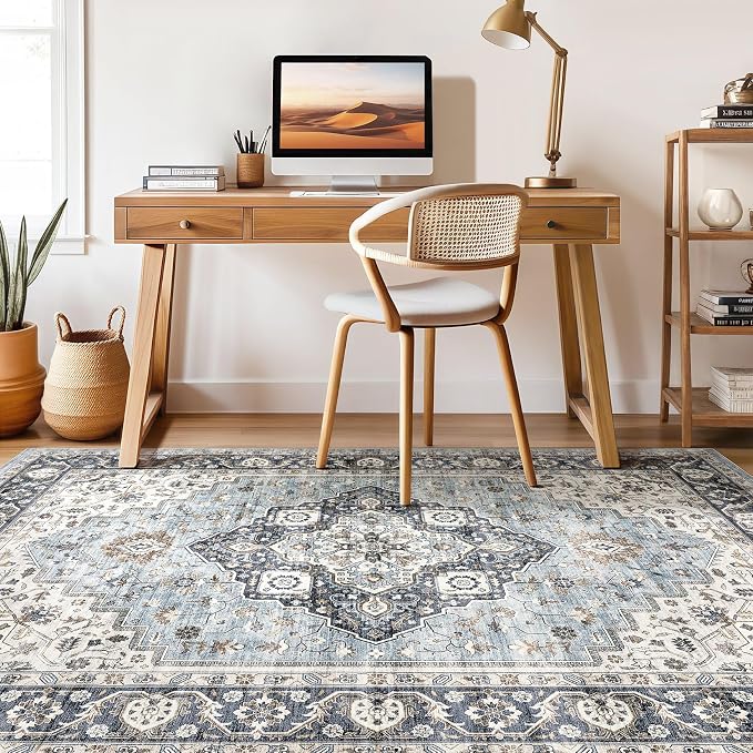 10x12 Area Rug Living Room: Washable Boho Large Neutral Vintage Soft Rugs Stain Resistant Farmhouse Non-Slip Indoor Floor Carpet for Bedroom Nursery Kids Playroom Office Dining Room- Tan Blue
