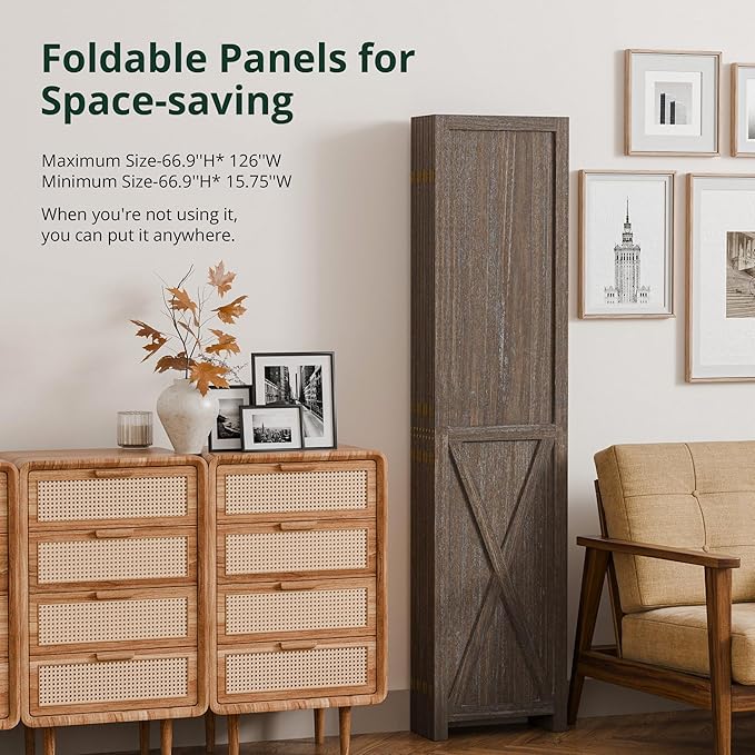 Cozy Castle 8 Panel Folding Room Divider, Solid Wood Privacy Screen, Freestanding Partition Wall, Temporary Wall for Home/Office/Bedroom/Restaurant, Rustic Brown