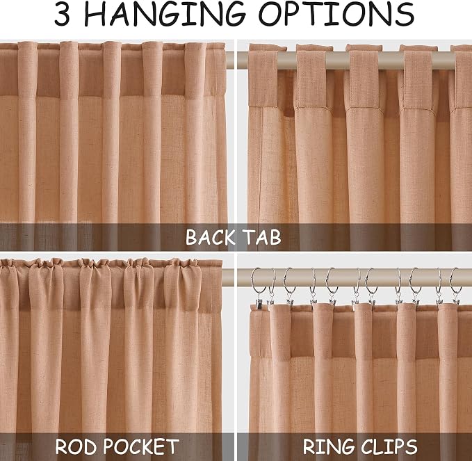 Nanspring Peach Quartz Linen Curtains 120 Inch Length 2 Panel Set Back Tab Loop Pocket Light Filtering Semi Sheer Boho Decor Curtains Extra Long for High Ceiling Living Room and Large Window 52x120
