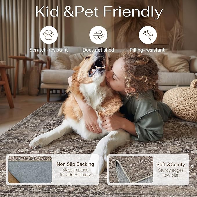 HUGEAR 8x10 Machine Washable Rugs Coffee Brown Hallway Large Area Rug Indoor Accent Rug Floral Low Pile Carpet Soft Throw Aesthetic Rug Bedroom Living Room Office Dining Room Kitchen Laundry Room