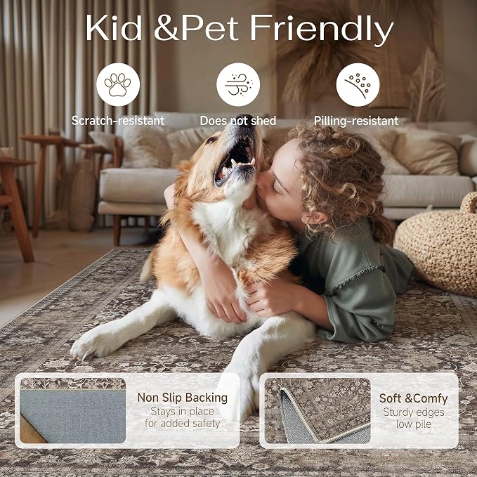 HUGEAR 5x7 Machine Washable Rugs Coffee Brown Hallway Area Rug Indoor Accent Rug Floral Low Pile Carpet Soft Throw Aesthetic Rug Bedroom Living Room Office Dining Room Kitchen Laundry Room Non Slip