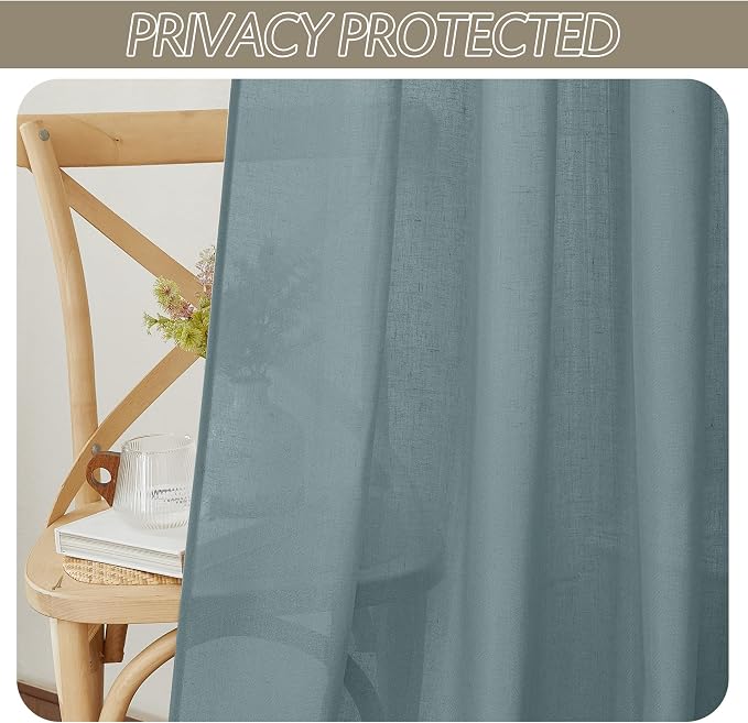 RYB HOME Linen Sheer Curtains 2 Panels for Living Room, Semi Transparent Privacy Drapes with Rod Pocket Farmhouse Style Window Treatments for Bedroom， Stone Blue， 52" W x 84" L