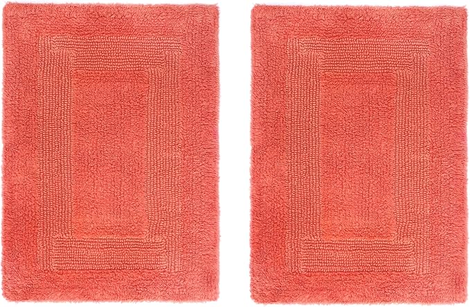 COTTON CRAFT Luxurious Bath Mat Rug - Set of 2 Reversible Heavyweight Step Out Bath Mats for Bathroom Floor, Tub and Shower - Pure Cotton Soft Plush Absorbent Tufted Racetrack Mat - 17 x 24 in - Coral