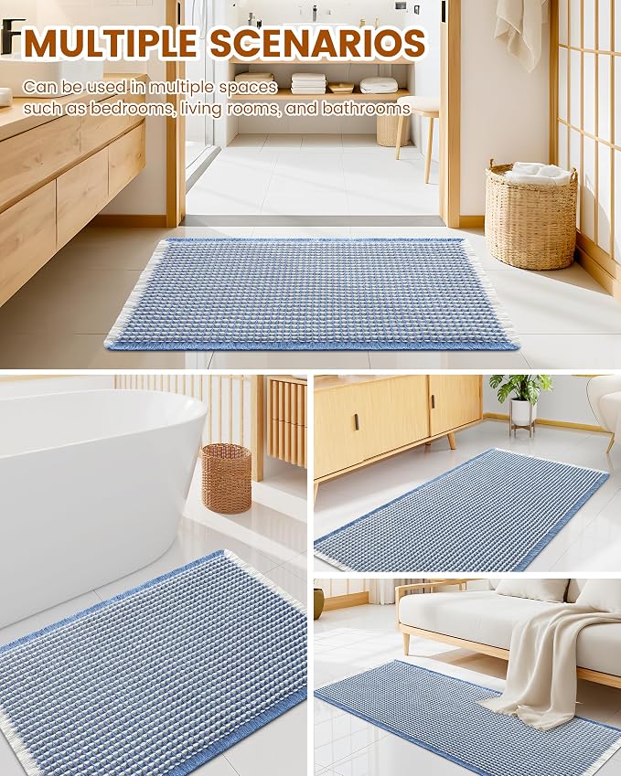 Smiry Waffle Bath Mat 47x24, Extra Soft Absorbent Bathroom Rugs, Non Slip Machine Washable Quick Dry Bath Rugs for Bathroom Floor, Tub, Shower, Home Decor Accessories, Blue & Cream