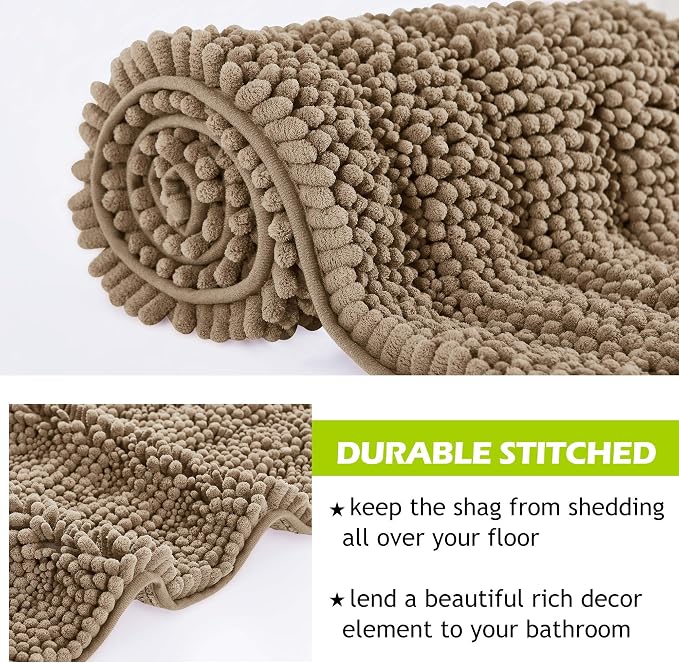 KGORGE Non-Slip Bathroom Rugs - Quick Drying Chenile Bath Mat Absorbent Super Soft Microfiber Floor Carpet for Tub Kitchen, Browm, 47" x 17", 1 Piece