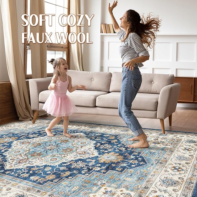 7x10 Area Rug Living Room: Washable Boho Large Neutral Vintage Soft Rugs Stain Resistant Farmhouse Non-Slip Indoor Floor Retro Carpet for Bedroom Nursery Kids Office Dining Room- Navy Beige