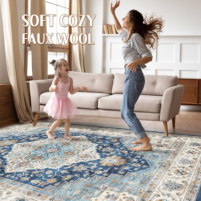 9x12 Area Rug Living Room: Washable Boho Large Neutral Vintage Soft Rugs Stain Resistant Farmhouse Non-Slip Indoor Floor Retro Carpet for Bedroom Nursery Kids Office Dining Room- Navy Beige
