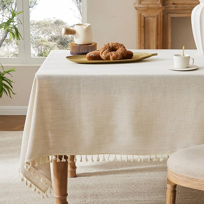 Linen Tablecloth with Tassels, Farmhouse Style Light Beige Tablecloth, Water Resistant Burlap Tablecloths for Square Table, 52x52 Inch Light Tan