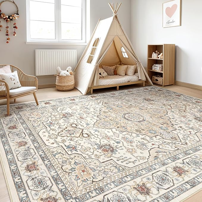 7x10 Area Rug Living Room: Washable Boho Large Neutral Vintage Soft Rugs Stain Resistant Farmhouse Non-Slip Indoor Floor Carpet for Bedroom Nursery Kids Playroom Office Dining Room- Cream Blue