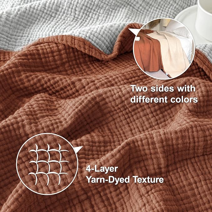 Simple&Opulence 100% Cotton Muslin Blanket Twin Size, Lightweight Breathable 4 Layering Gauze Blanket for Bed Couch Camping, Soft Bedspread Coverlet All-Season Use (Rust Orange, 68"x86")