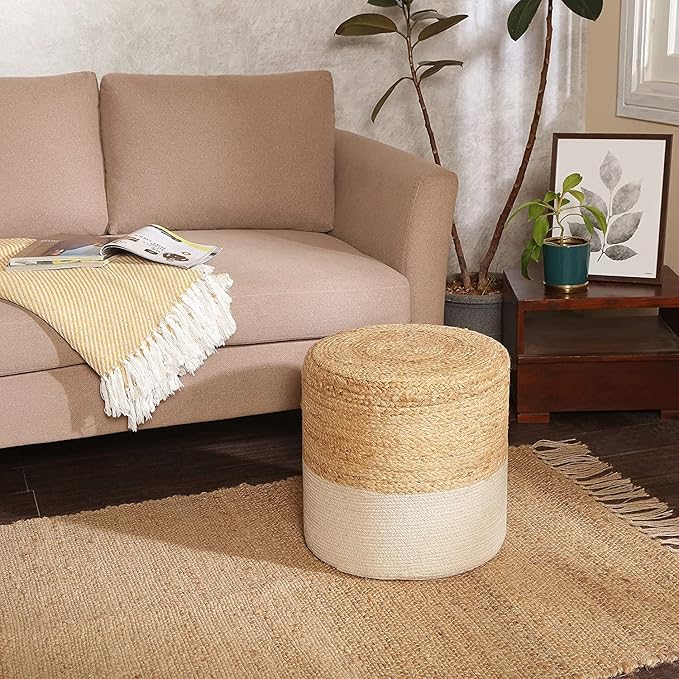 REDEARTH · Cylindrical Pouf Foot Stool Ottoman - Jute Braided Accent Sitting Footrest for The Living Room, Bedroom, Nursery, Patio, Lounge & Other Rooms in The Home (14.5”X14.5”X16”; Natural Ivory)