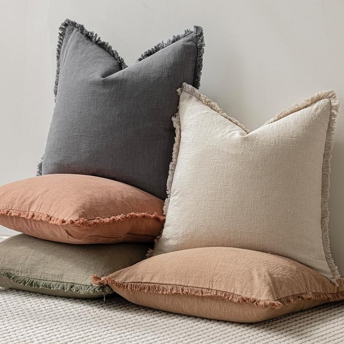 Foindtower Set of 2 Decorative Linen Fringe Throw Pillow Covers Cozy Farmhouse Boho Cushion Cover with Tassels Soft Accent Pillowcase for Couch Sofa Bed Living Room Home Decor 20×20 Inch Gray