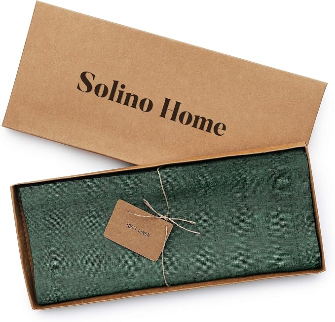 Solino Home Linen Small Table Runner 60 Inches - Athena, 100% Pure Linen Forest Green Table Runner 14 x 60 Inch Ideal for Dresser and Coffee Tables