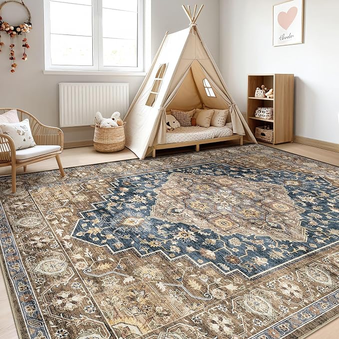 10x13 Area Rug Living Room: Washable Boho Large Neutral Vintage Soft Rugs Stain Resistant Farmhouse Non-Slip Indoor Floor Carpet for Bedroom Nursery Kids Office Dining Room Playroom- Yellow Blue