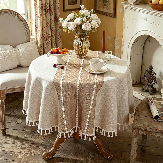 Laolitou Rustic Tablecloth Cotton Linen Waterproof Tablecloths Burlap Table Cloths for Kitchen Dining,Party,Holiday,Christmas,Buffet Coffee Lines, Round, 55", 2-4 Seats