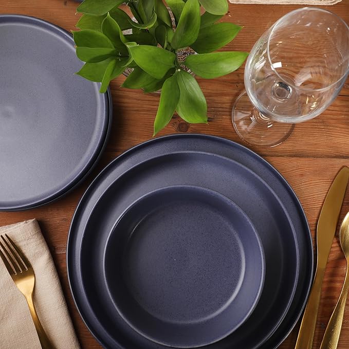 Gibson Elite Bayou Moon Plates and Bowls Sets, 16-Piece Blue Matte Stoneware Dinnerware Sets, Solid Color Reactive Glaze Dish Set