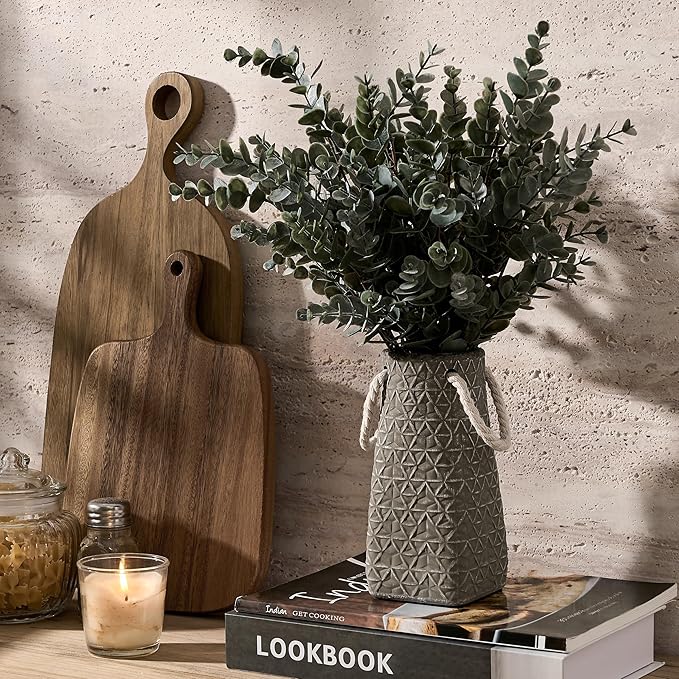 Vaseking Elegant Petite Vase, 7 inch Ceramic Modern Minimalism Geometric Texture Purse Vase with Hanging Rope, Creative Tote Bag Vases for Home Decor, Living Room, Wedding, Bookshelf Decor, Gray