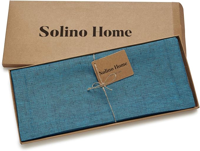 Solino Home Linen Table Runner 132 Inches Long - Athena, 100% Pure Linen Chambray Teal 14 x 132 Inch Table Runner for Dining, Summer