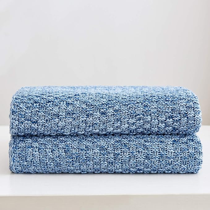 Longhui bedding 100% Cotton Knitted Throw Blanket – Blue White, Soft & Cozy, Machine Washable, 51"x63" – Perfect for Living Room, Couch, Sofa, Bed or Travel