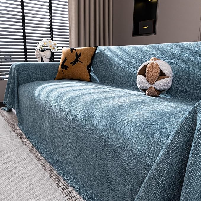 Chenille Couch Cover for Sofa Non Slip Cover Washable Pet Scratch Couch Covers Tassel Sofa Slipcover for 3 Cushion Couch Furniture Protector Blanket for Living Room,Stone Blue 91"x134"