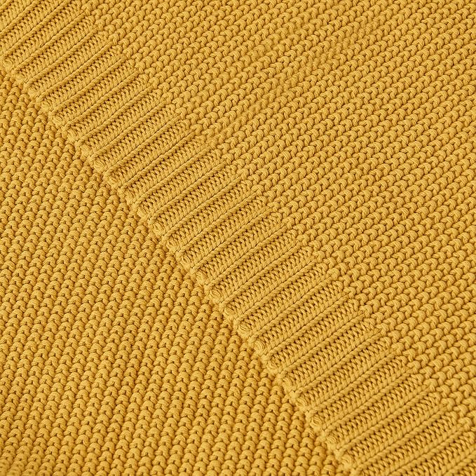 Longhui bedding Mustard Yellow Cotton Cable Knit Throw Blanket for Couch Sofa Bed, Home Decorative Lightweight Knitted Blankets with Bonus Laundering Bag, 50“ x 60”, Machine Washable
