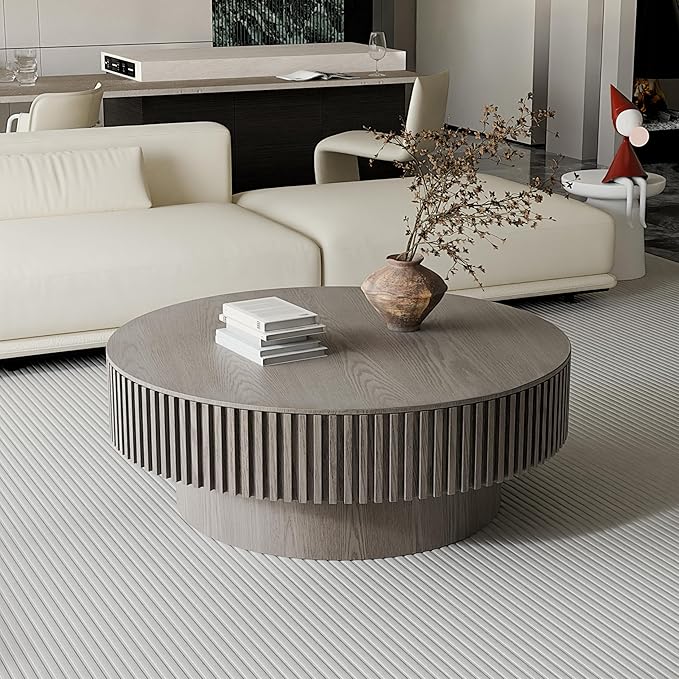 39.37'' Round Coffee Table with Storage, Solid Wood Veneered Modern Drum Coffee Table Accent Tea Table for Living Room, Bedroom, Apartment or Office-Gray