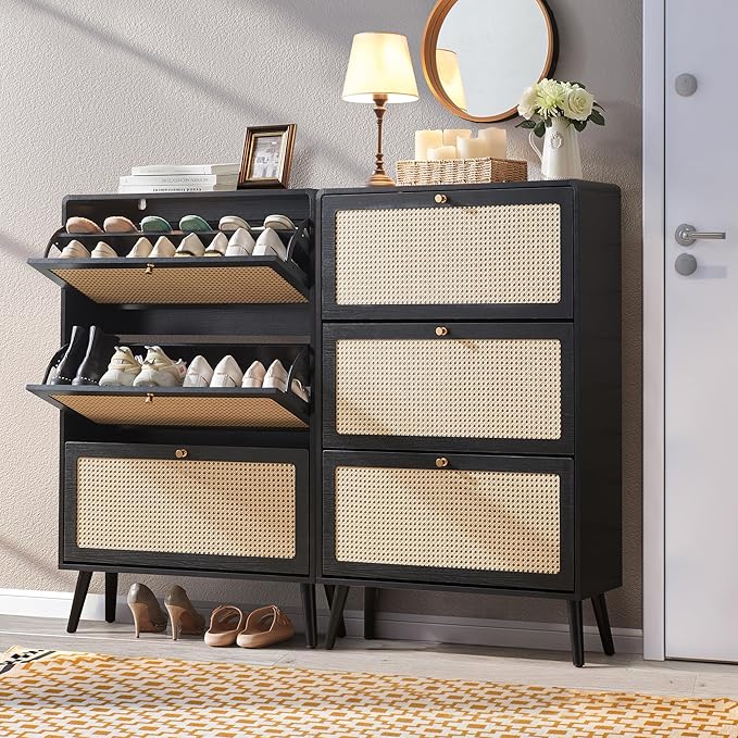 Rattan Shoe Cabinet with 3 Flip Drawers, 48 Pairs Narrow Shoe Storage Cabinet for Entryway Freestanding Hidden Shoe Rack, Modern Slim Wood Shoe Organizer for Hallway, Black