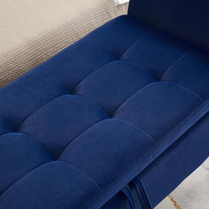 Furniliving Storage Ottoman Bench, Velvet Benches End of Bed Bench with Solid Wood Legs Upholstered Ottoman with Storage Indoor Bench for Living Room with Rolled Arm, Entryway, NavyBlue
