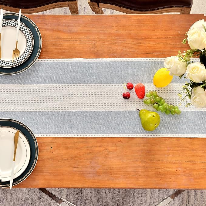 Wracra Linen Table Runner, Farmhouse Macrame Table Runners 48 Inches Long for Dining Table Decor, Wedding, Party and Dresser Decor (Blue,48")