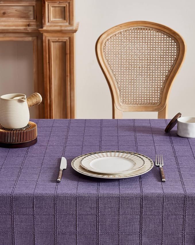 ZeeMart Linen Checked Table Cloth 52x70 Inches (Fit 3ft-4ft, Narrow Fit for 5ft Rectangle Table), Farmhouse Style Plaid Embroidered Water Resistant Table Cover, Purple