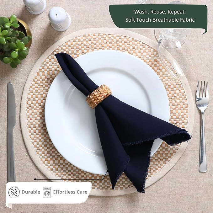 Palisa Premium Cotton Dinner Napkins Set of 4 | Navy Blue Frayed Edge Rustic Farmhouse Table Linen | Soft Washable Long Lasting Durable Cloth Serviettes for Wedding Dining Decor 18x18 Inch