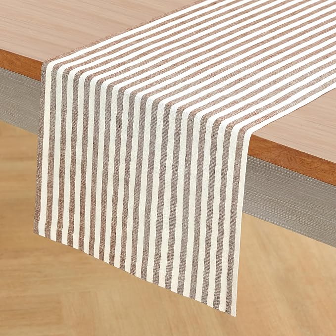 Solino Home Linen Table Runner 90 Inches Long - Amalfi Stripe, 100% Pure Linen Brown and Cream Farmhouse Table Runner 14 x 90 Inch for Dining