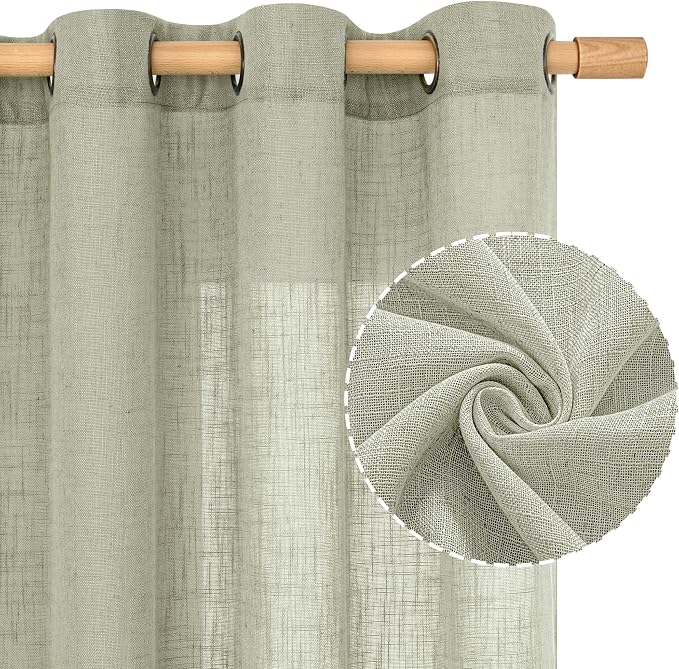 LAMIT Short Linen Curtains 54 Inch Length for Bedroom, Semi Sheer Light Filtering Drapes Bronze Grommet Linen Textured Panels for Kitchen/Bathroom/Living Room, 2 Panels, Sage Grey, 34 X 54 Inch