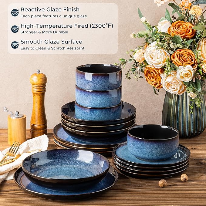 LERATIO Ceramic Dinnerware Sets for 4,16-Piece Reactive Glaze Plates and Bowls Set with Mugs,Highly Chip and Crack Resistant | Dishwasher,Microwave & Oven Safe Dishes set-Blue