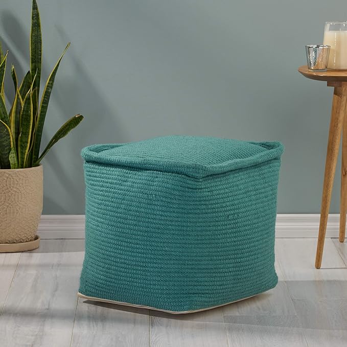 Great Deal Furniture Noble House Cadence Boho Yarn Pouf in Teal