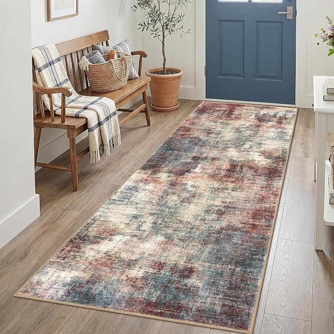 IOHOUZE Abstract Runner Rug 3x7 Ft Washable Runners for Hallways, Non Slip Kitchen Runner Printed Faux Wool Entryway Runner Indoor, Modern Abstract Floor Carpet for Hall Kitchen Bedroom, Red/Multi