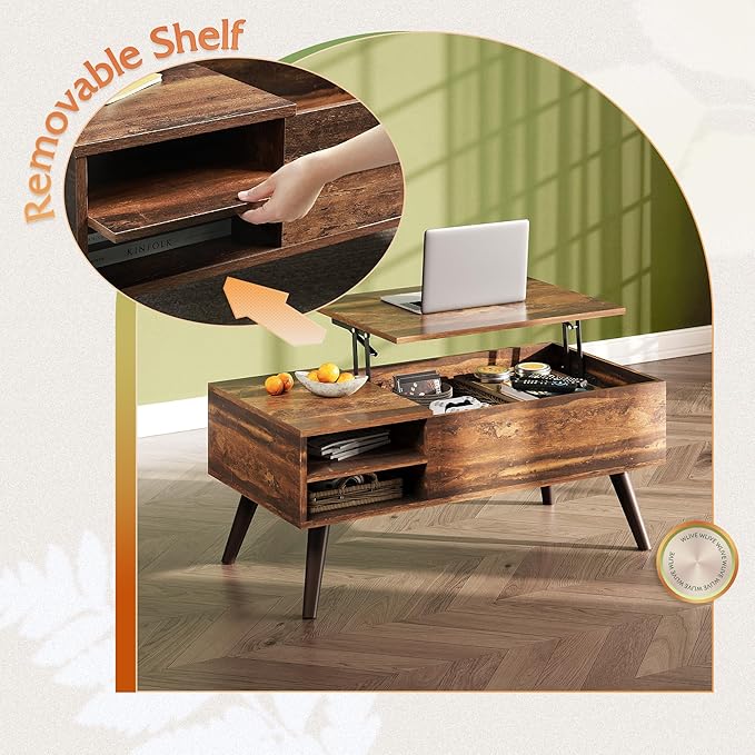 WLIVE Coffee Table with Lifting Top, Hidden Storage & Adjustable Shelf for Living Room Small Space, Multifunctional Rising Wooden Center Table, Mid Century Modern Tables for Home Dining Office, Brown