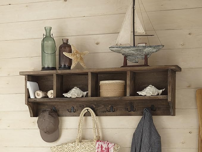 Alaterre Furniture Pomona Coat Hooks – Rustic Farmhouse 48" Wall-Mounted Entryway Coat Rack with Shelf, 6 Double Hooks & 4 Open Cubbies – Solid Wood Mudroom Hallway Storage Organizer (Rustic Brown)
