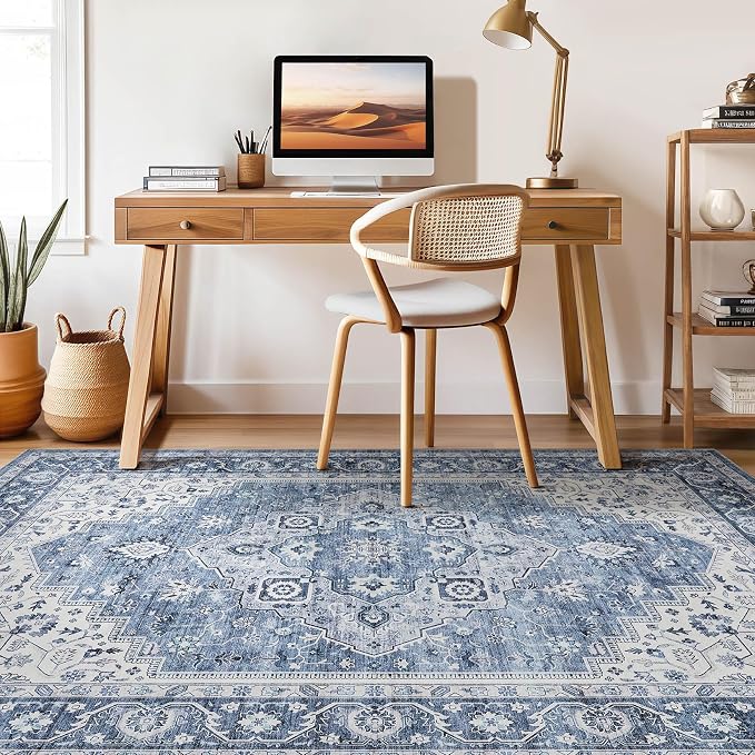 6x8 Area Rug Living Room: Washable Boho Large Neutral Vintage Soft Rug Stain Resistant Farmhouse Non-Slip Indoor Floor Retro Carpet for Bedroom Nursery Kids Office Dining Room- Blue Gray
