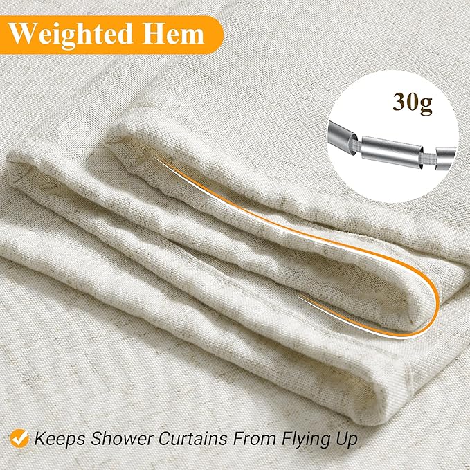 Naturoom Extra Long Cream Linen Shower Curtain 84 Inch Long Weighted Fabric Bath Shower Curtain Set with Hooks, XLong Tall Country Farmhouse Curtains for Bathroom, 72x84