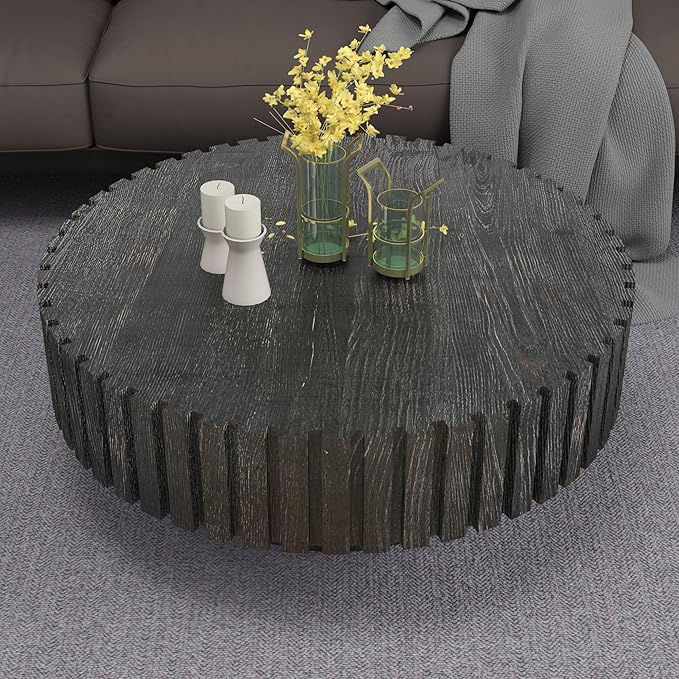 31.5" Circle Coffee Table, Rustic Round Wood Center Table Accent Drum End Tea Table for Living Room Apartment Small Space,with Fluted Relief Side, Black